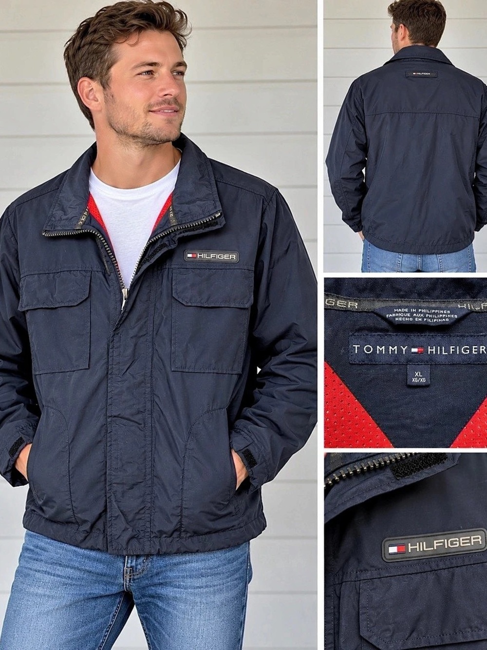 Vintage Tommy Hilfiger Utility Field Jacket Navy Red Mesh Men’s XL Y2K